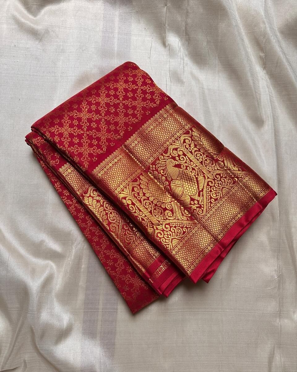 Blooming Red Soft Banarasi Silk Saree With Luminous Blouse Piece