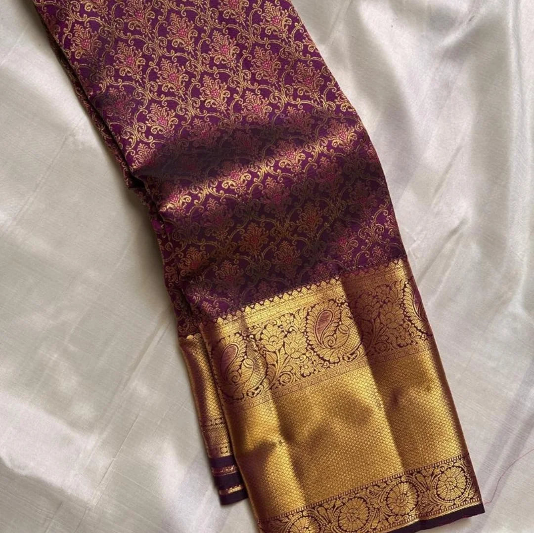 Intricate Purple Soft Banarasi Silk Saree With Skinny Blouse Piece