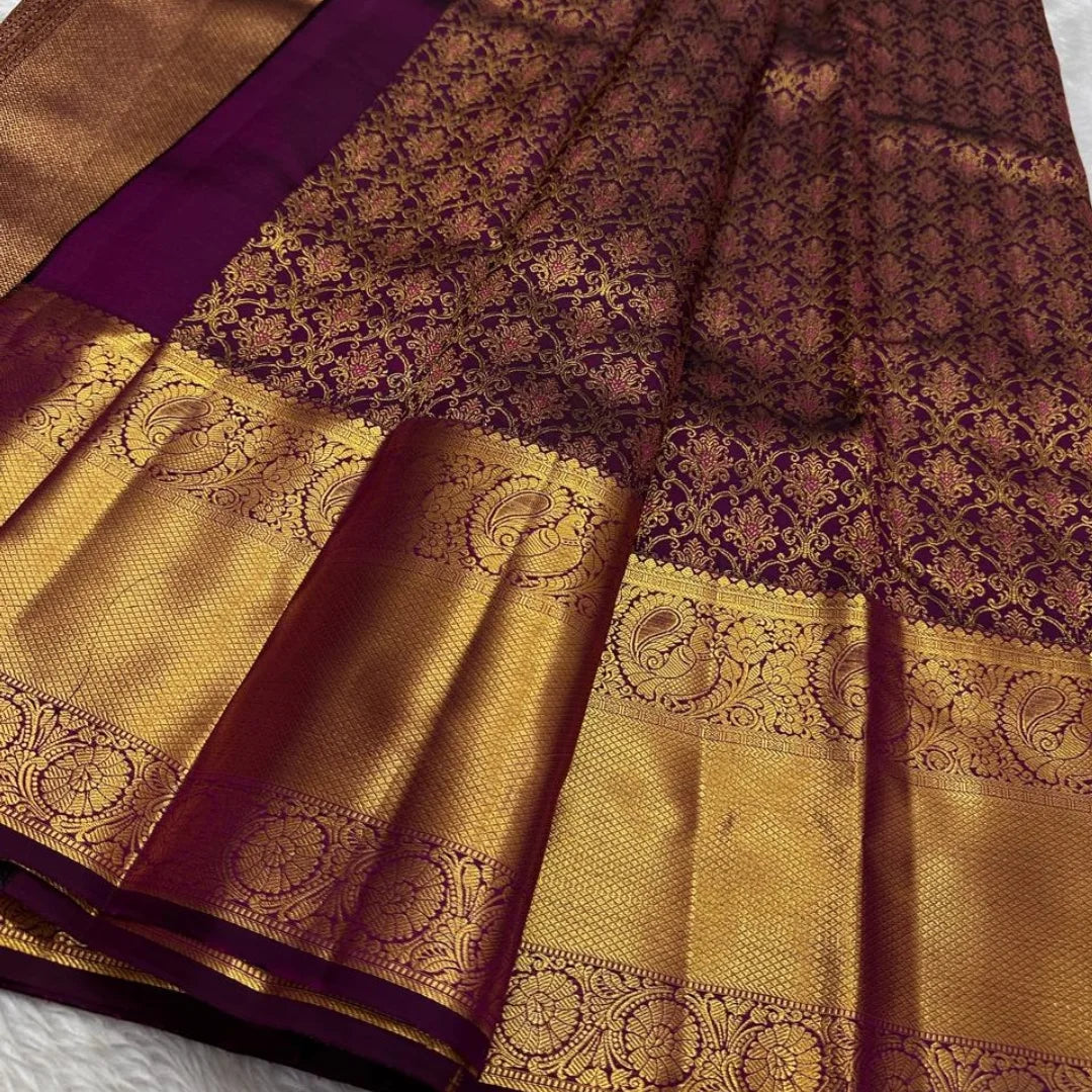 Intricate Purple Soft Banarasi Silk Saree With Skinny Blouse Piece