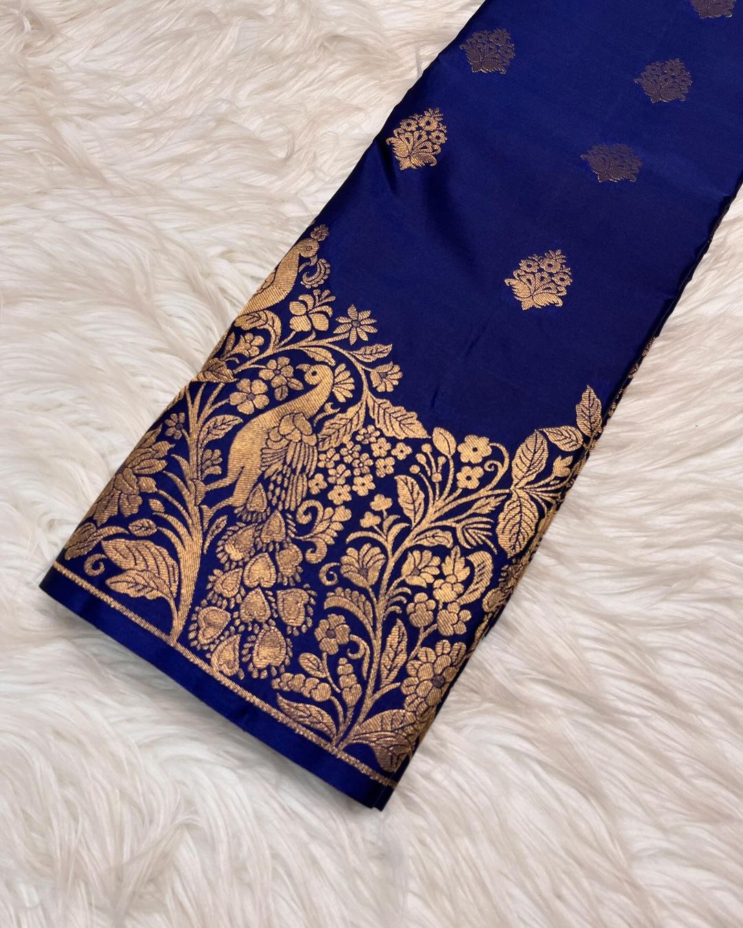 Classy Navy Blue Soft Banarasi Silk Saree With Ailurophile Blouse Piece