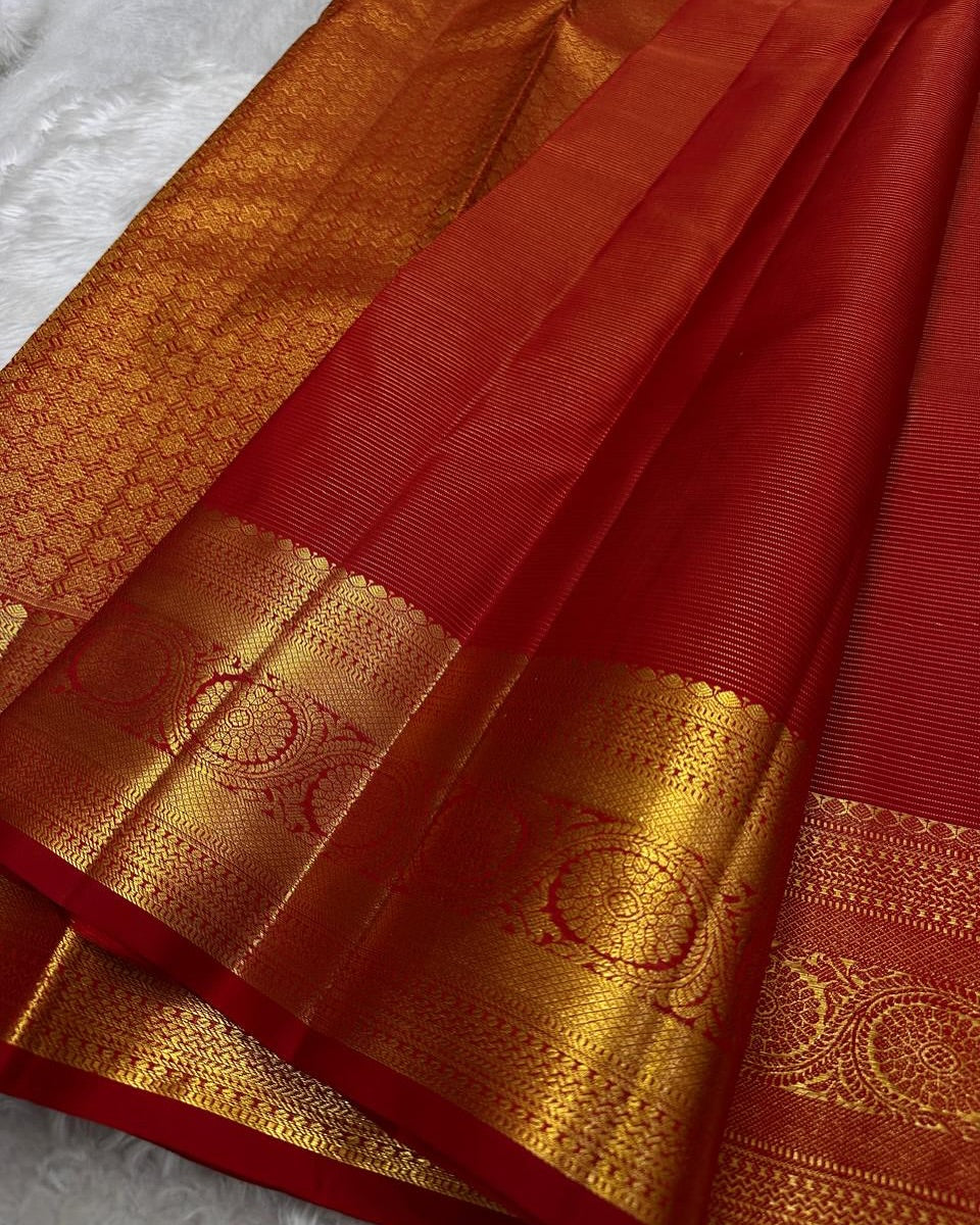 Eye-catching Red Soft Banarasi Silk Saree With Blissful Blouse Piece