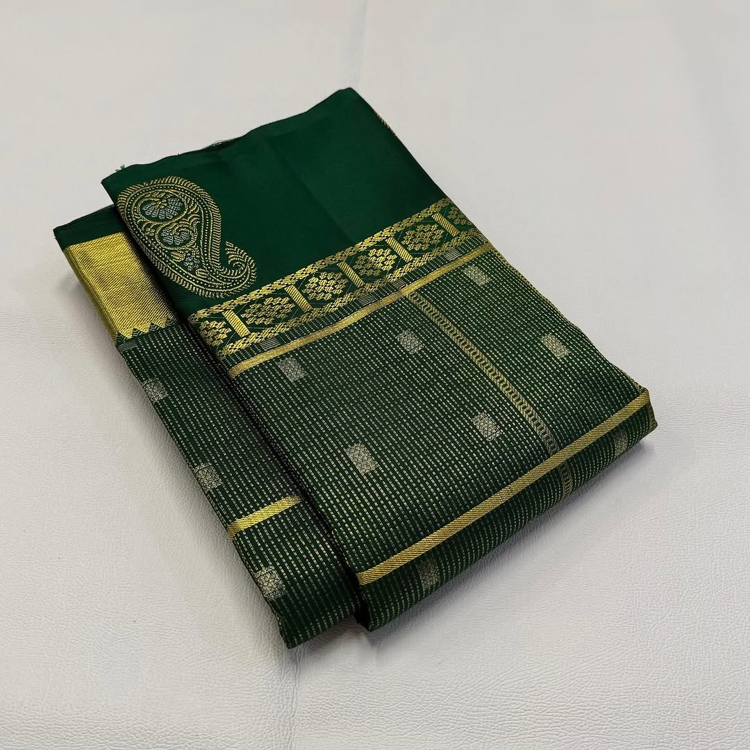 Panache Dark Green Soft Banarasi Silk Saree With Vestigial Blouse Piece