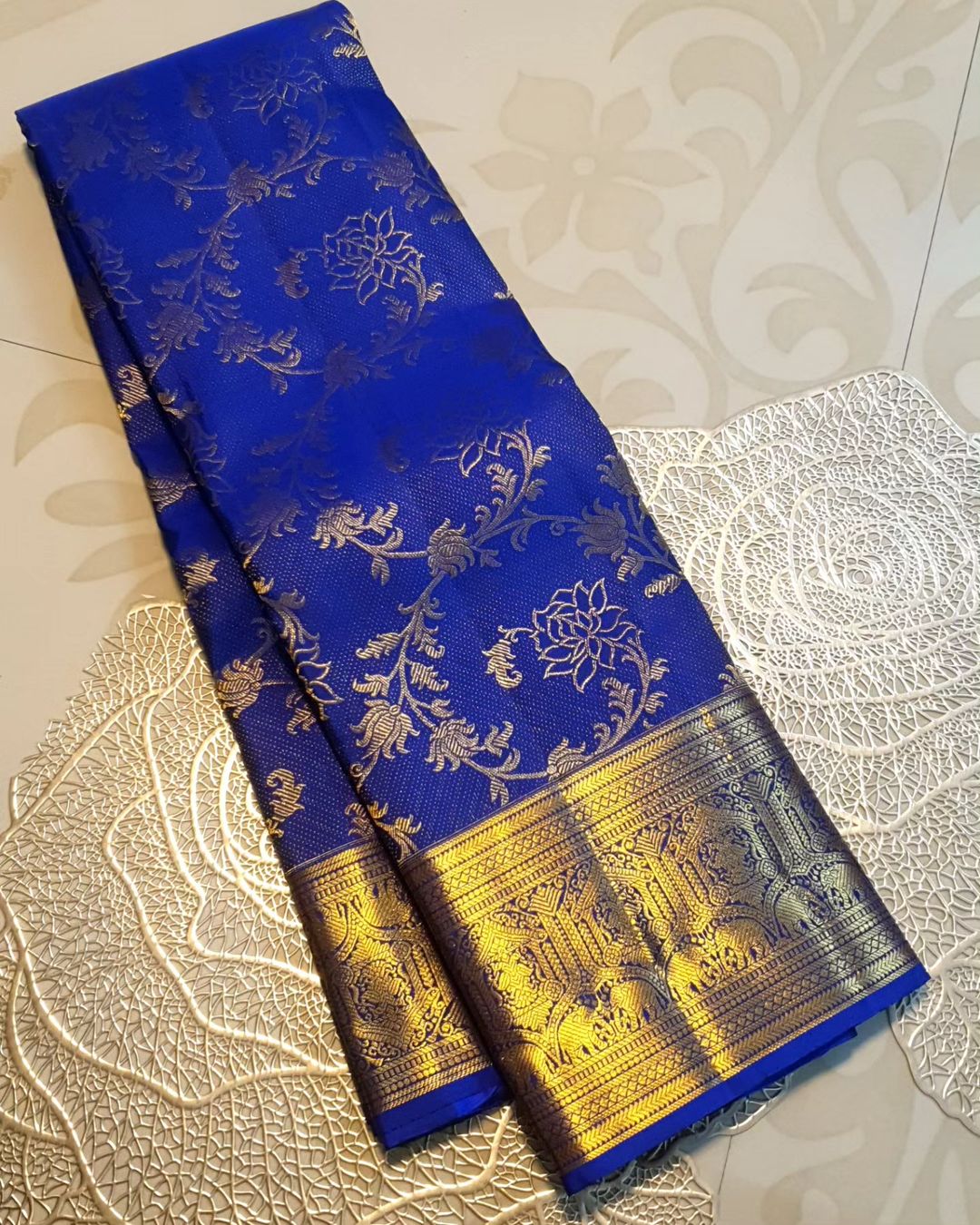 Symmetrical Royal Blue Soft Banarasi Silk Saree With Tremendous Blouse Piece