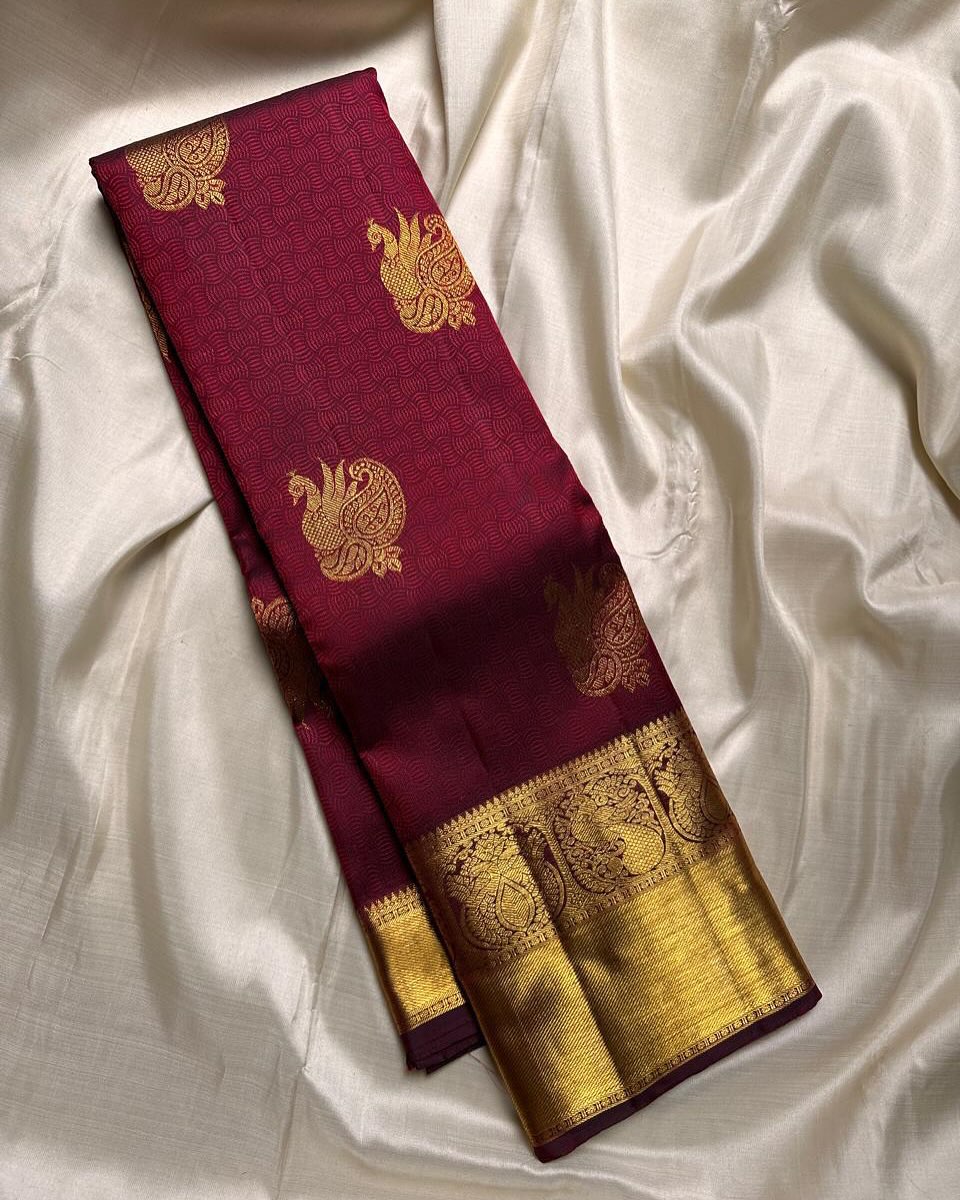 Serendipity Maroon Soft Banarasi Silk Saree With Winsome Blouse Piece
