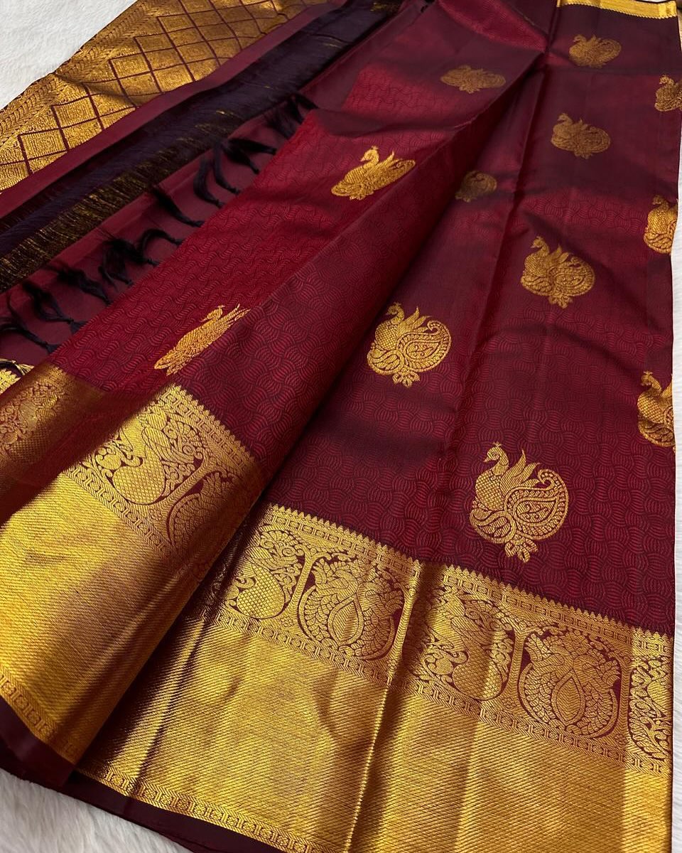 Serendipity Maroon Soft Banarasi Silk Saree With Winsome Blouse Piece