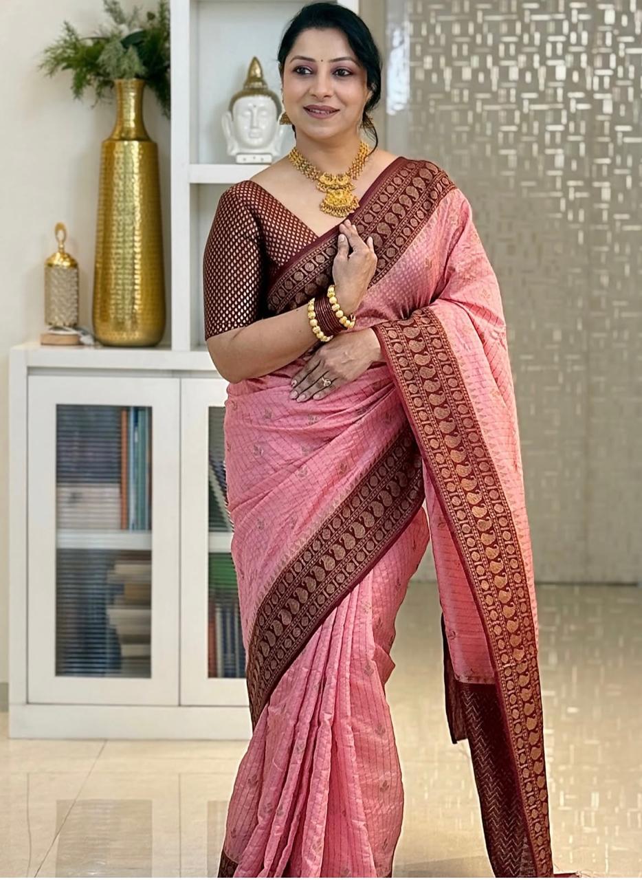 A glam Pink Soft Silk Saree With Preferable Blouse Piece