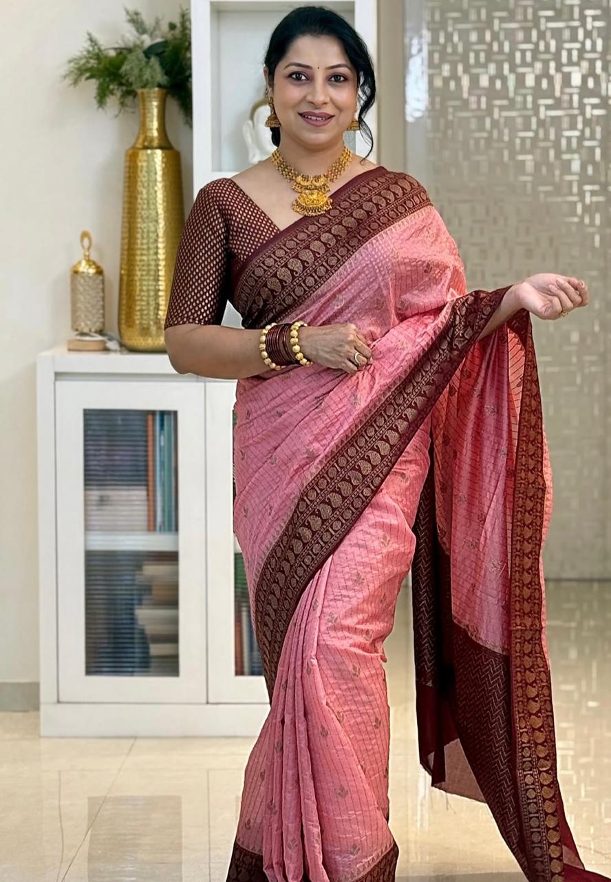 A glam Pink Soft Silk Saree With Preferable Blouse Piece