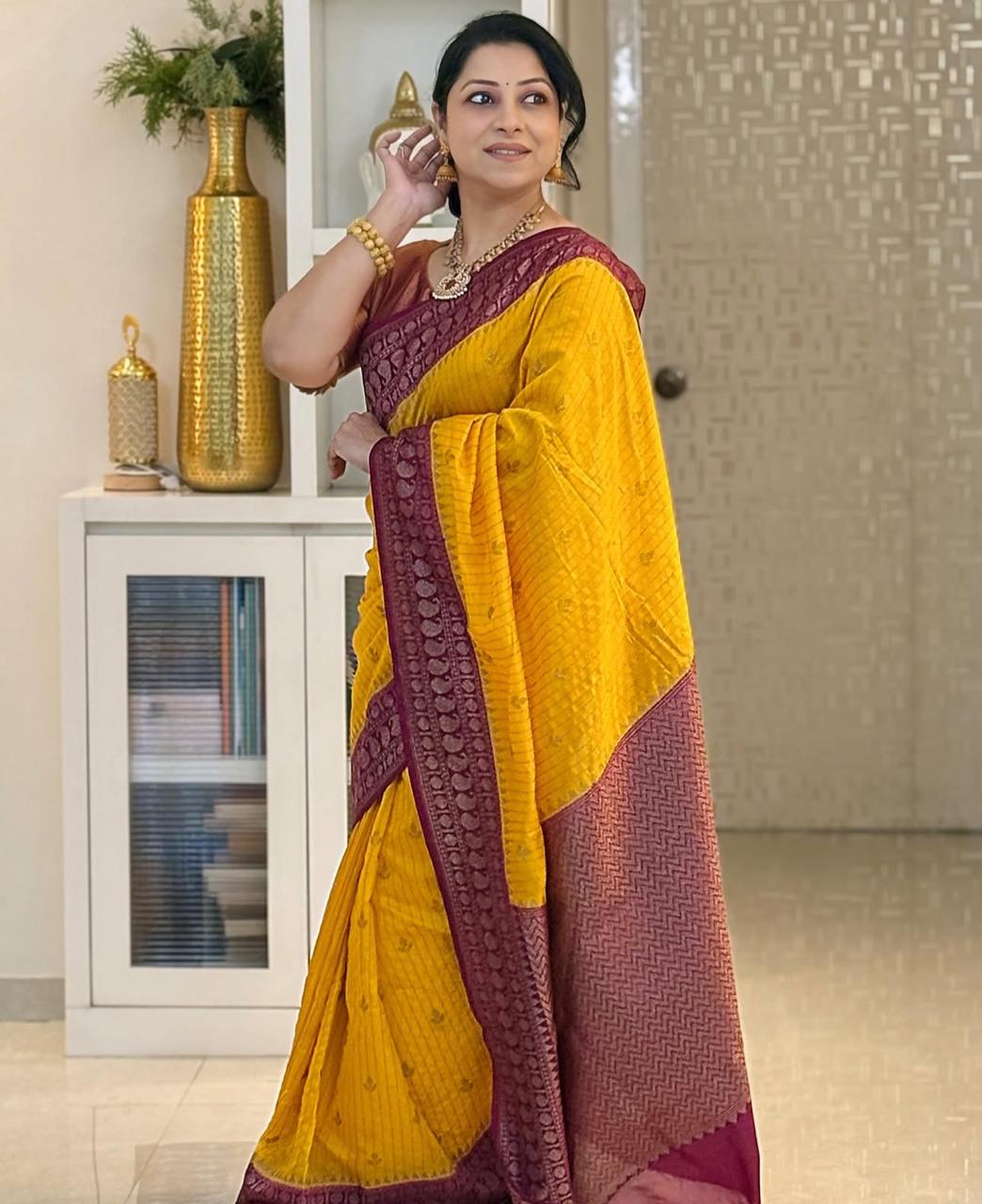 Majestic Yellow Soft Silk Saree With Tempting Blouse Piece