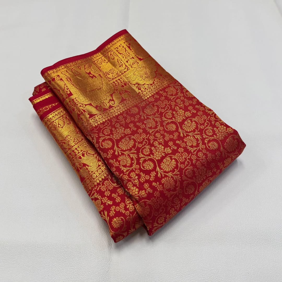 Embellished Red Soft Banarasi Silk Saree With Outstanding Blouse Piece