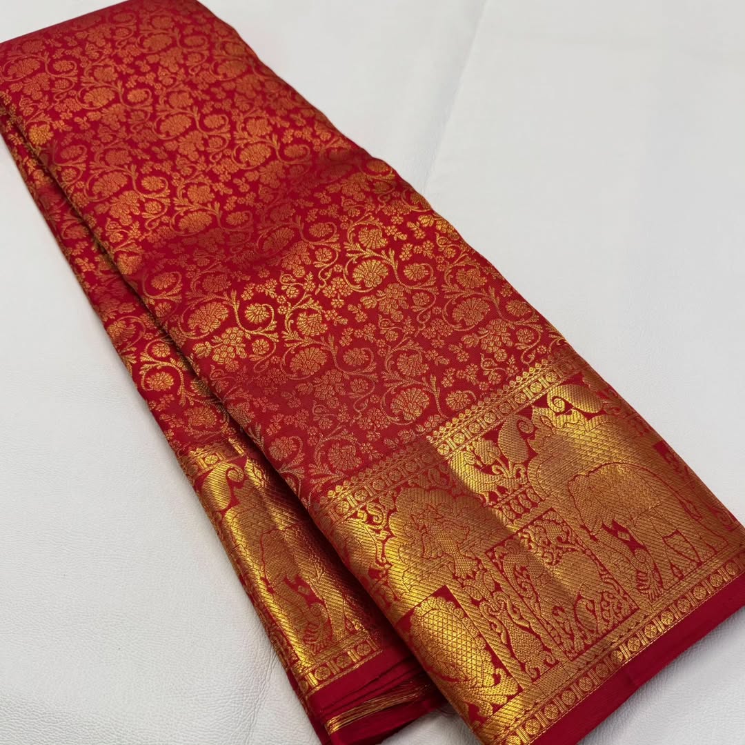 Embellished Red Soft Banarasi Silk Saree With Outstanding Blouse Piece