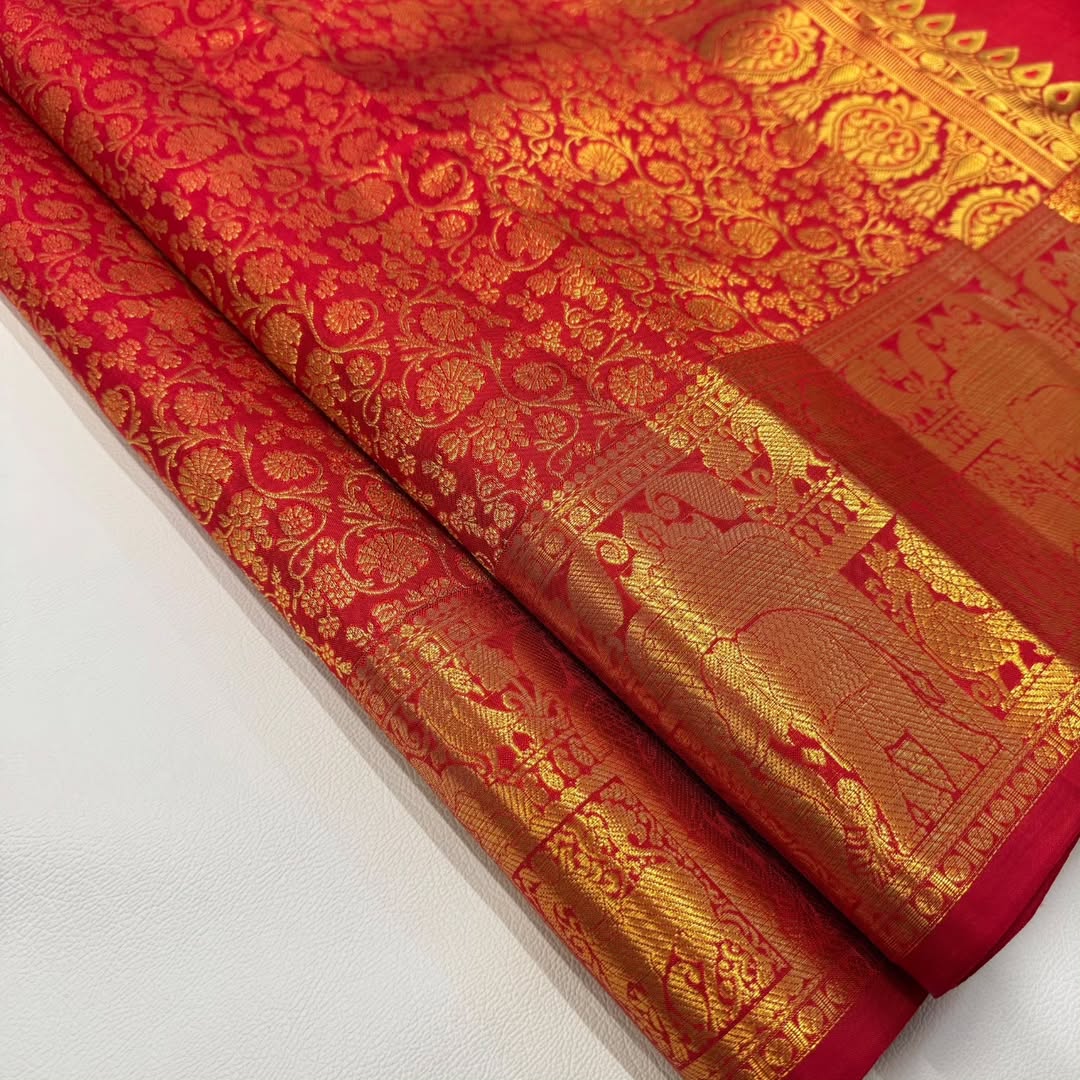 Embellished Red Soft Banarasi Silk Saree With Outstanding Blouse Piece