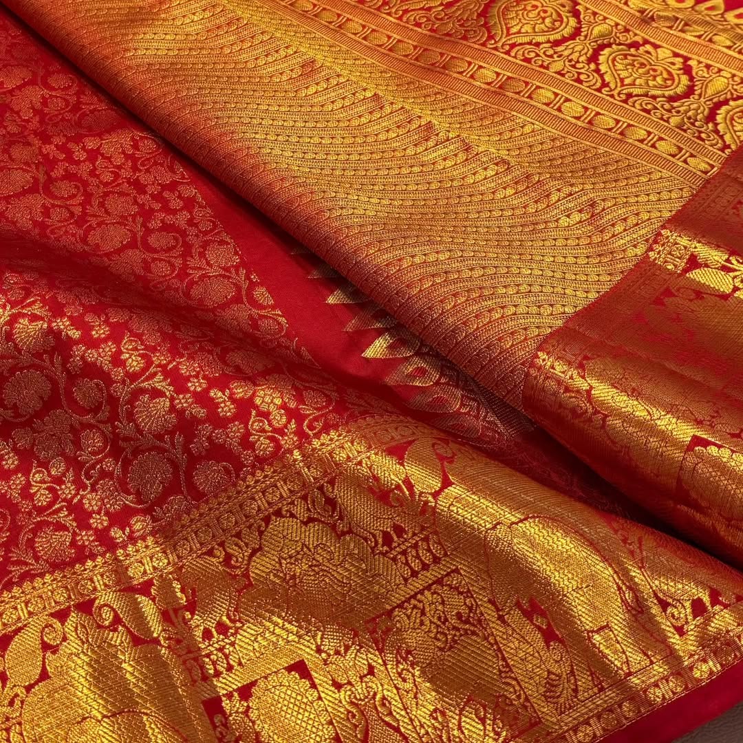 Embellished Red Soft Banarasi Silk Saree With Outstanding Blouse Piece