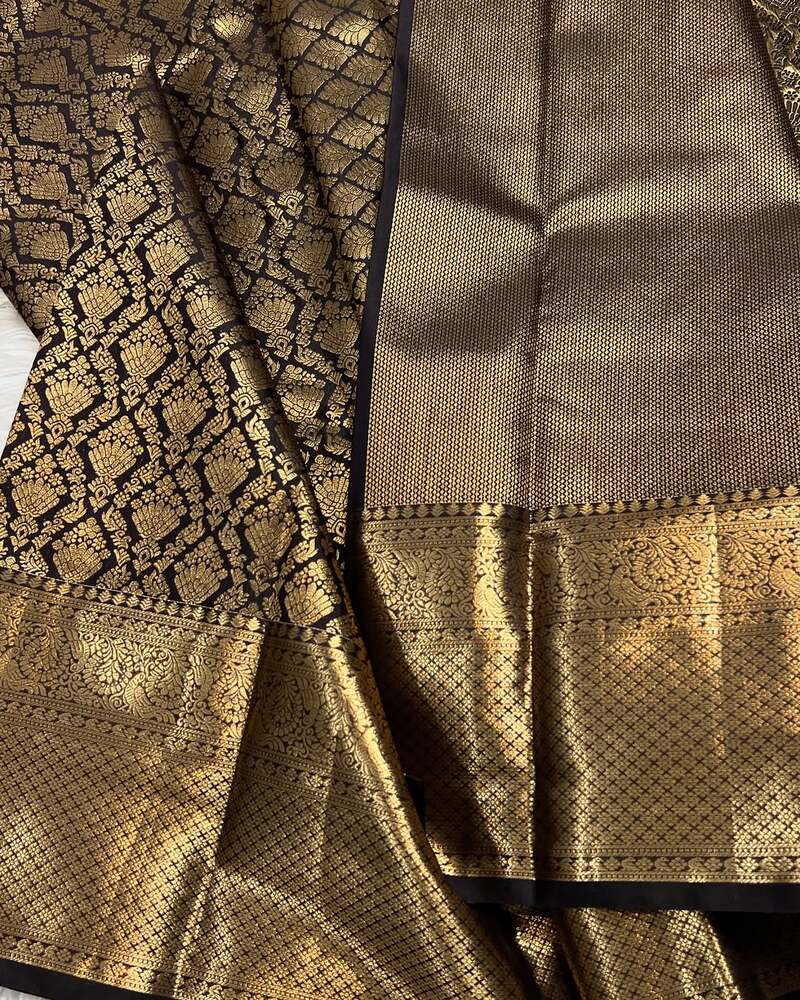 Adorning Black Soft Banarasi Silk Saree With Fantabulous Blouse Piece