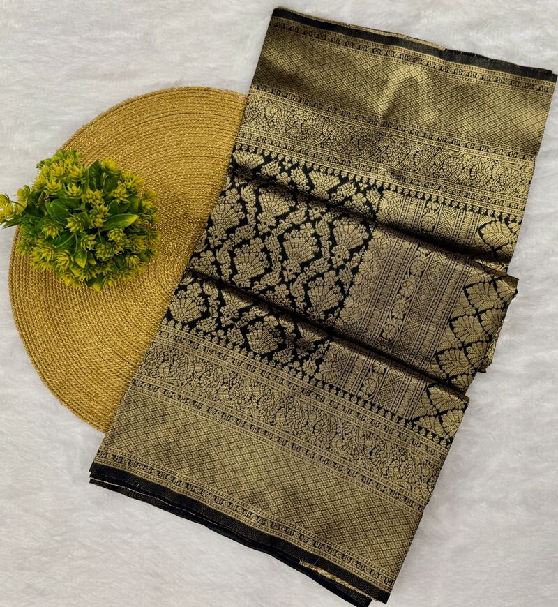 Adorning Black Soft Banarasi Silk Saree With Fantabulous Blouse Piece