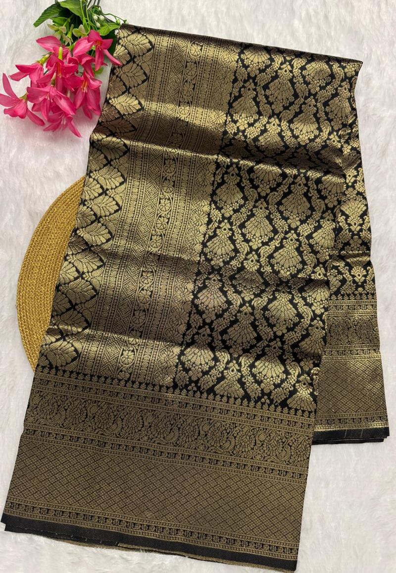 Adorning Black Soft Banarasi Silk Saree With Fantabulous Blouse Piece