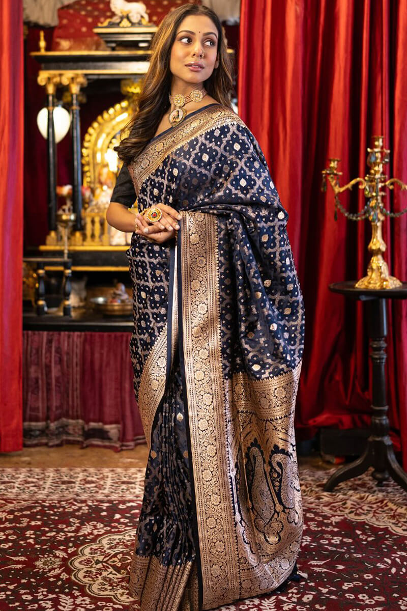 Hypnotic Navy Blue Soft Banarasi Silk Saree With Intricate Blouse Piece