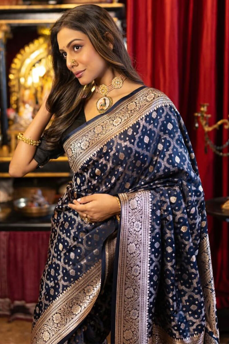 Hypnotic Navy Blue Soft Banarasi Silk Saree With Intricate Blouse Piece