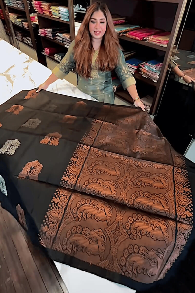 Comely Black Soft Banarasi Silk Saree With Demure Blouse Piece