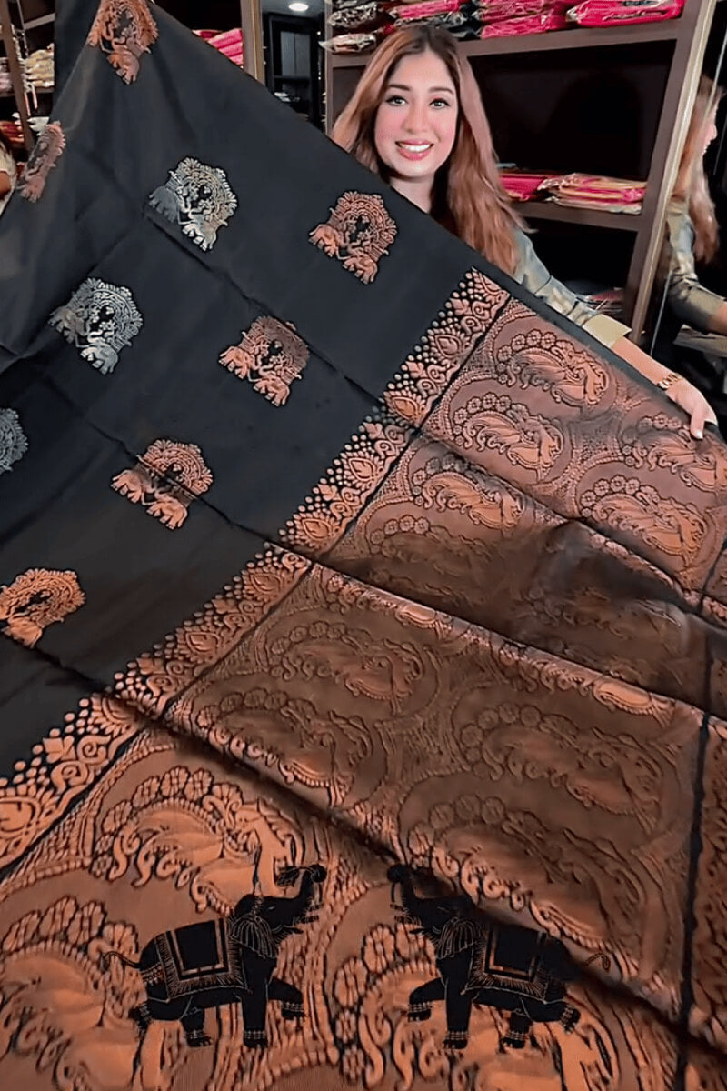 Comely Black Soft Banarasi Silk Saree With Demure Blouse Piece