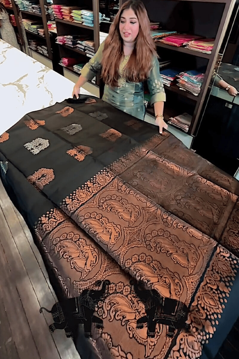 Comely Black Soft Banarasi Silk Saree With Demure Blouse Piece