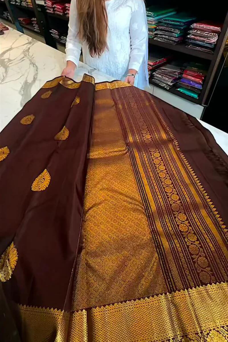 Tremendous Brown Soft Banarasi Silk Saree With Beleaguer Blouse Piece