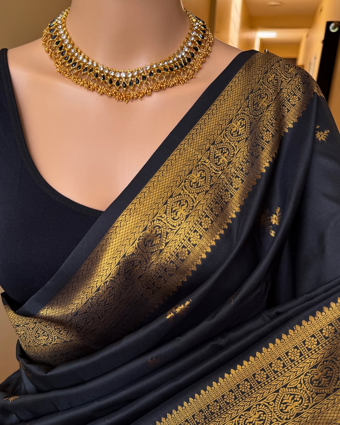 Dalliance Black Soft Banarasi Silk Saree With Gossamer Blouse Piece