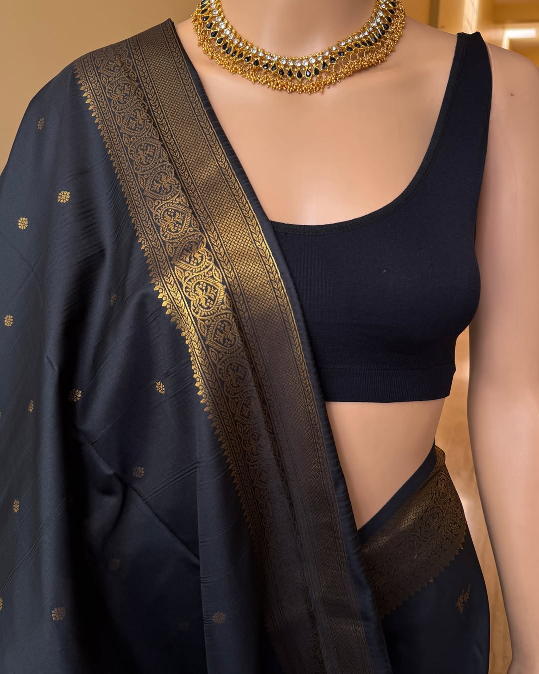 Dalliance Black Soft Banarasi Silk Saree With Gossamer Blouse Piece