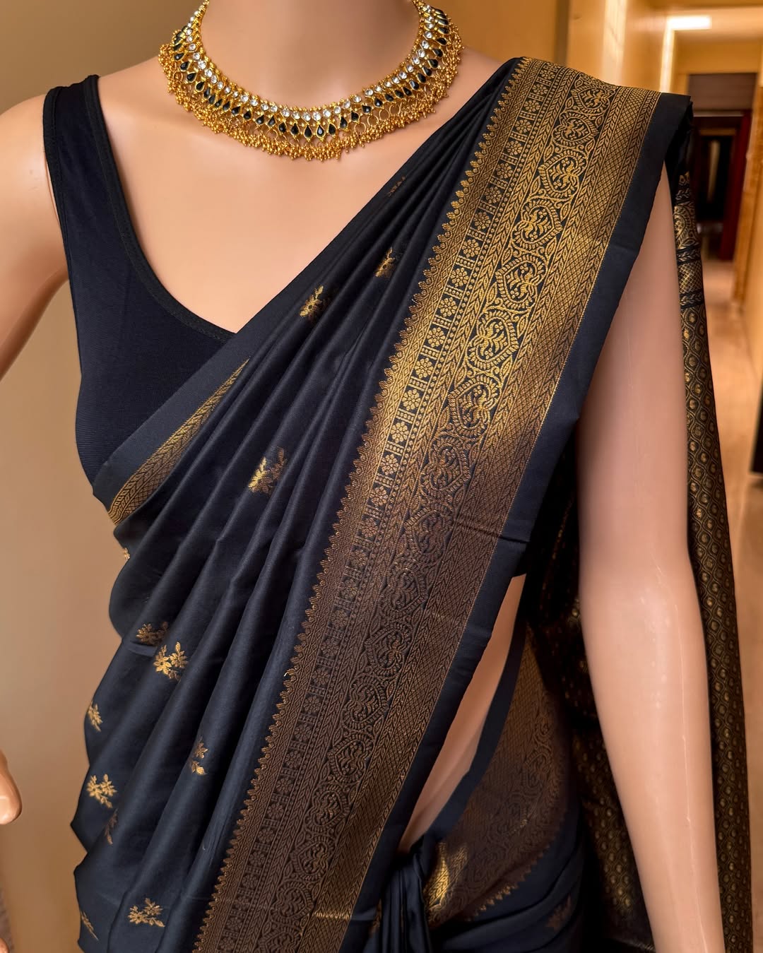Dalliance Black Soft Banarasi Silk Saree With Gossamer Blouse Piece