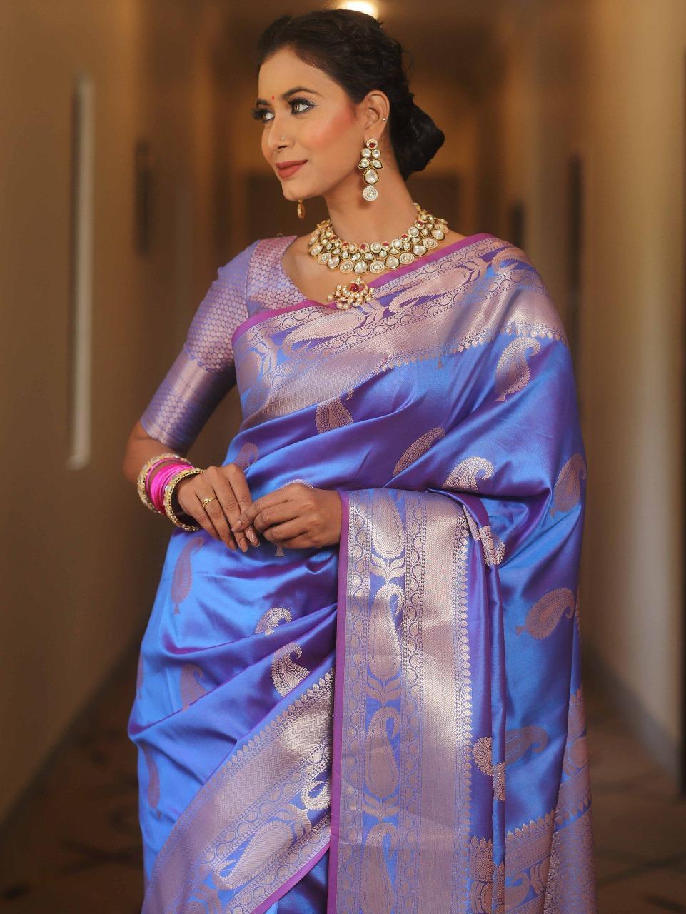 Outstanding Blue Soft Banarasi Silk Saree With Engrossing Blouse Piece
