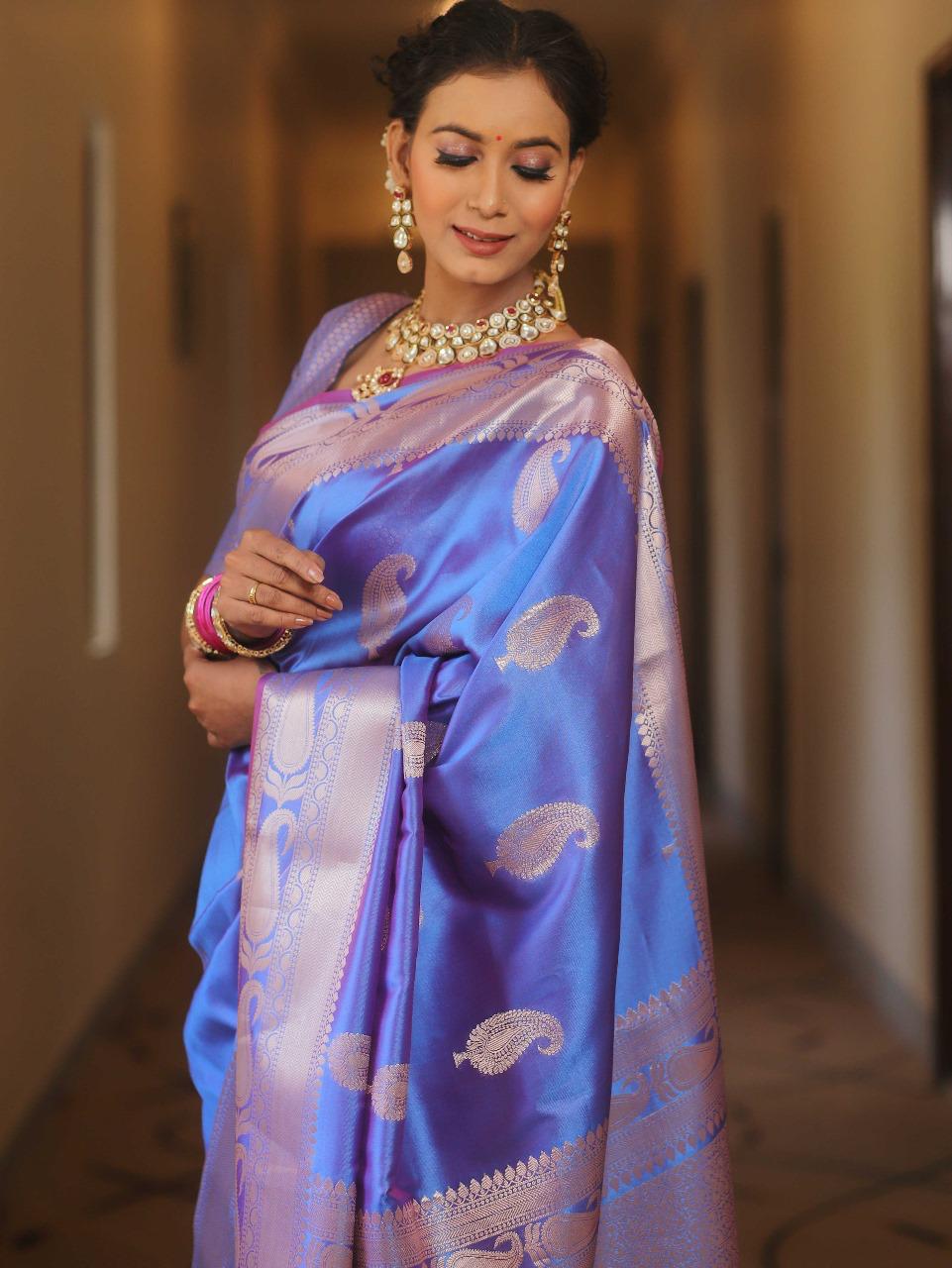 Outstanding Blue Soft Banarasi Silk Saree With Engrossing Blouse Piece