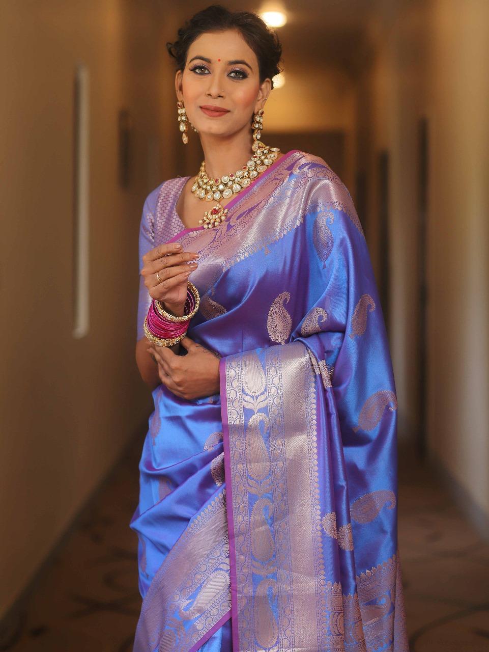 Outstanding Blue Soft Banarasi Silk Saree With Engrossing Blouse Piece