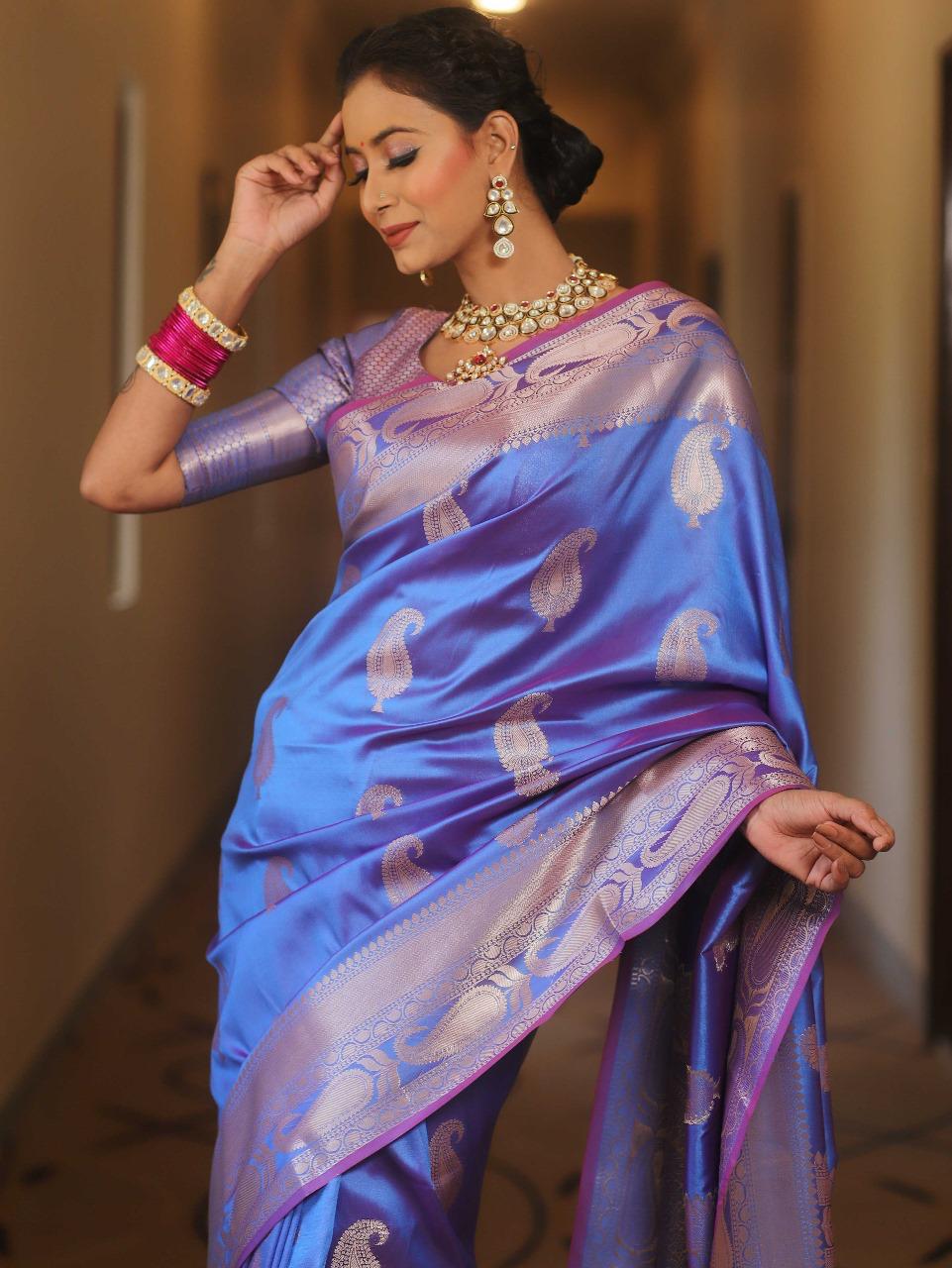 Outstanding Blue Soft Banarasi Silk Saree With Engrossing Blouse Piece