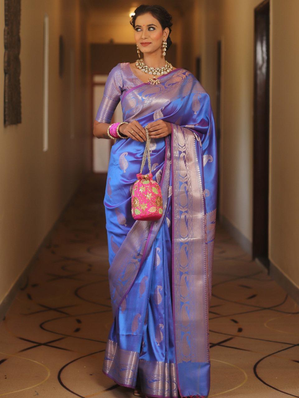 Outstanding Blue Soft Banarasi Silk Saree With Engrossing Blouse Piece