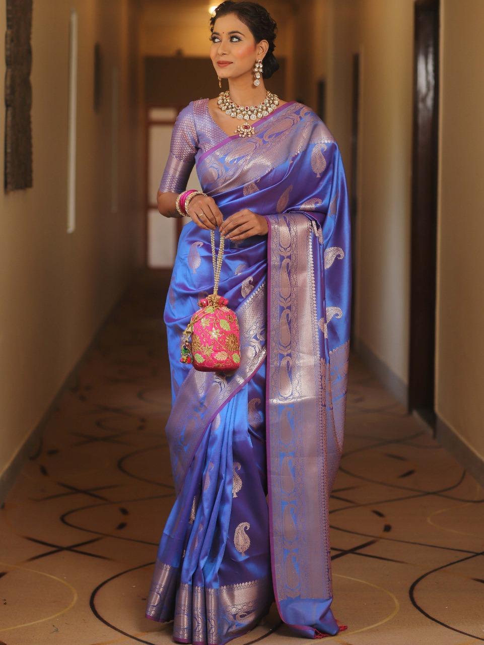 Outstanding Blue Soft Banarasi Silk Saree With Engrossing Blouse Piece