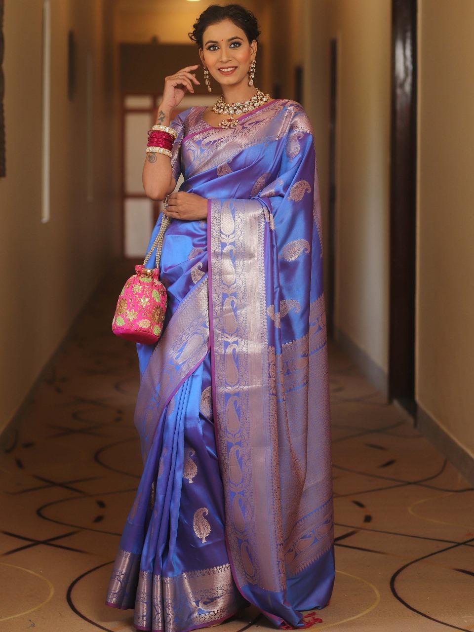 Outstanding Blue Soft Banarasi Silk Saree With Engrossing Blouse Piece