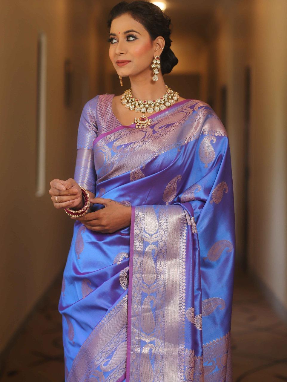 Outstanding Blue Soft Banarasi Silk Saree With Engrossing Blouse Piece