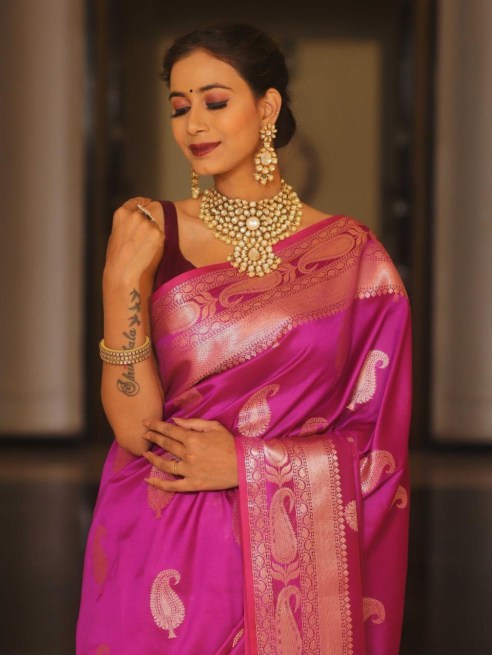 Hypnotic Dark Pink Soft Banarasi Silk Saree With Inspiring Blouse Piece