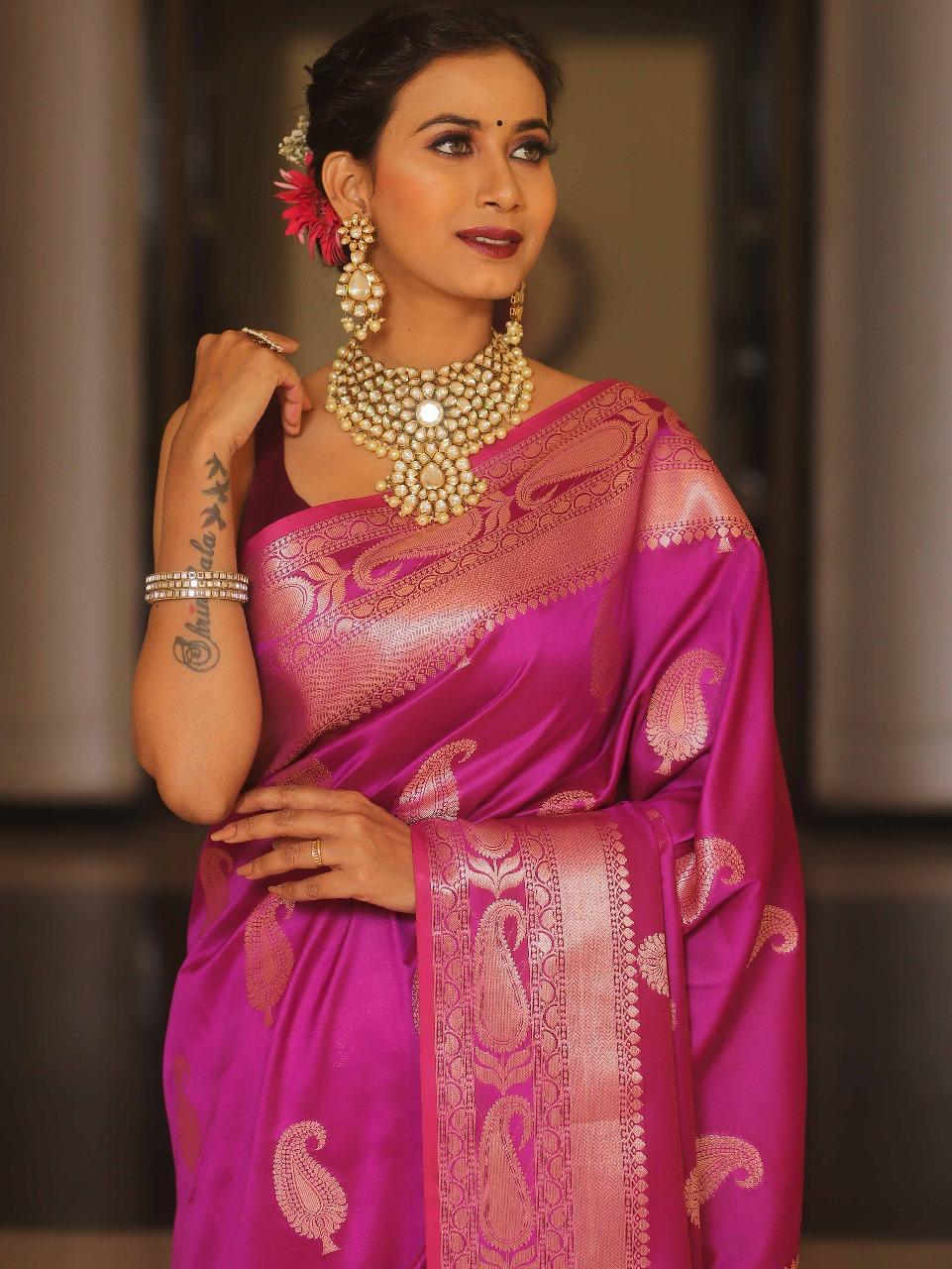 Hypnotic Dark Pink Soft Banarasi Silk Saree With Inspiring Blouse Piece