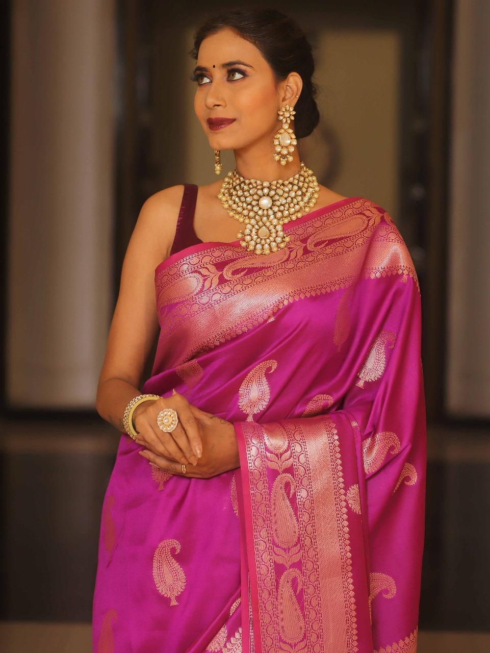 Hypnotic Dark Pink Soft Banarasi Silk Saree With Inspiring Blouse Piece