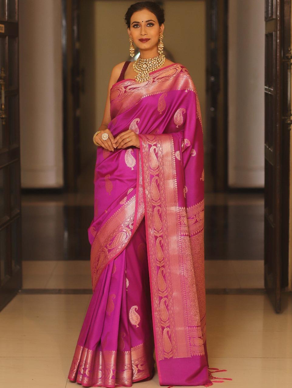 Hypnotic Dark Pink Soft Banarasi Silk Saree With Inspiring Blouse Piece