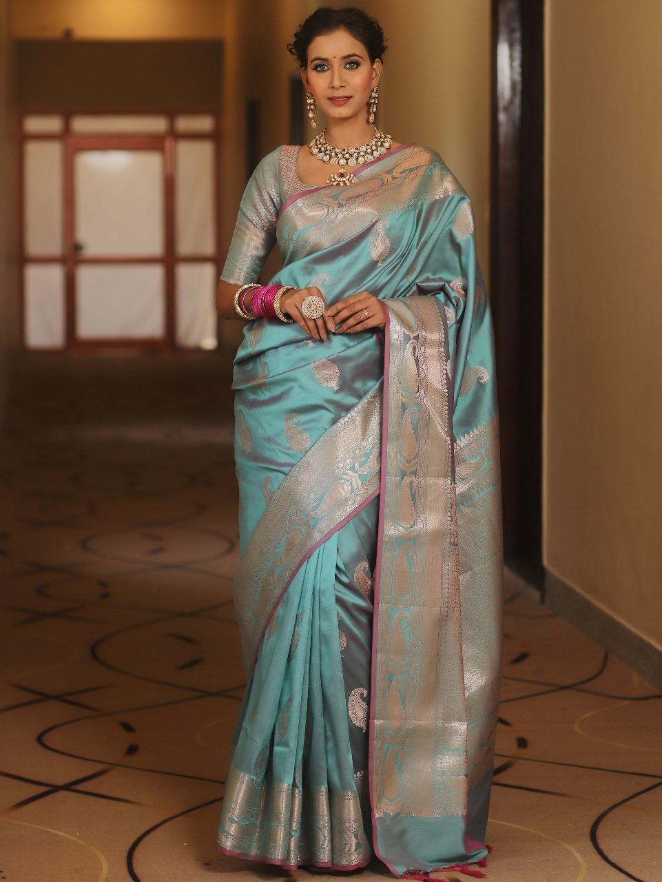 Traditional Firozi Soft Banarasi Silk Saree With Bucolic Blouse Piece