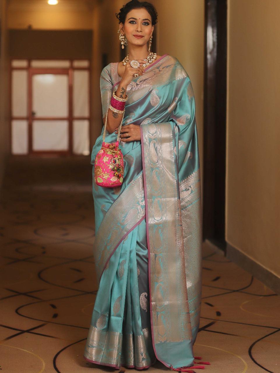 Traditional Firozi Soft Banarasi Silk Saree With Bucolic Blouse Piece