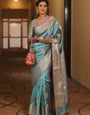 Traditional Firozi Soft Banarasi Silk Saree With Bucolic Blouse Piece