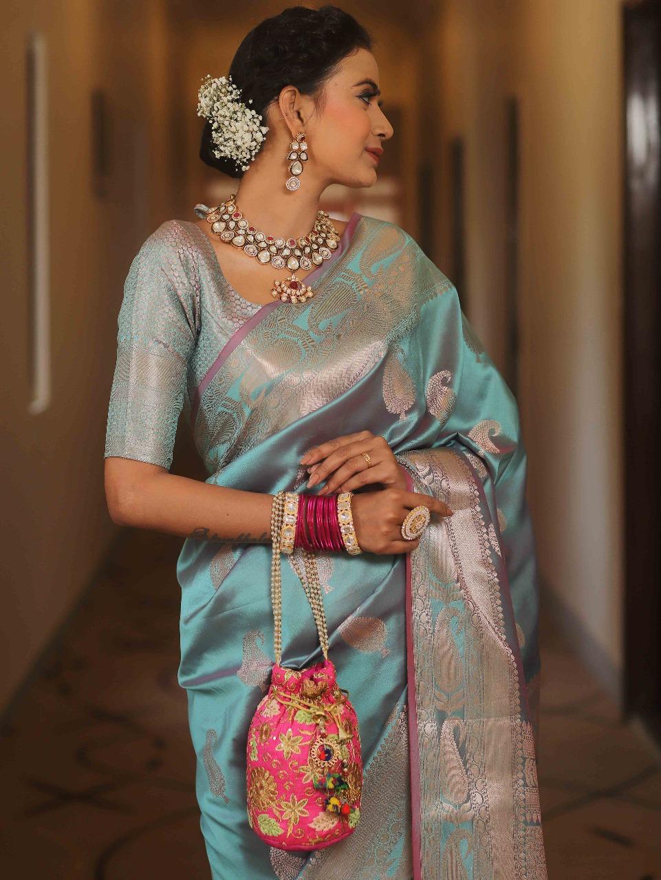 Traditional Firozi Soft Banarasi Silk Saree With Bucolic Blouse Piece