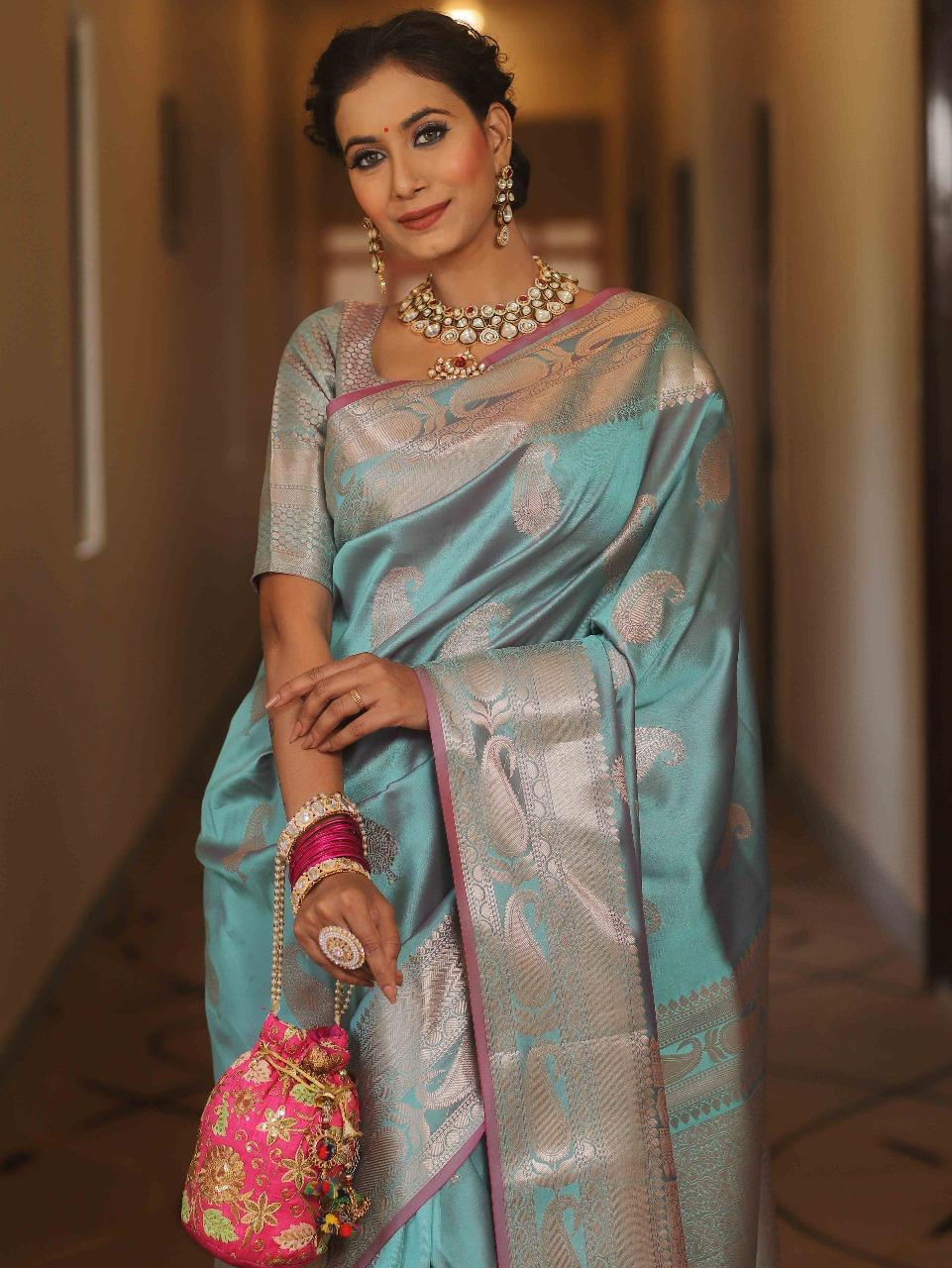 Traditional Firozi Soft Banarasi Silk Saree With Bucolic Blouse Piece