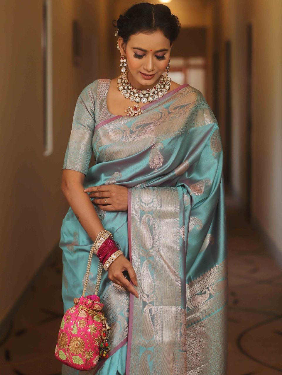 Traditional Firozi Soft Banarasi Silk Saree With Bucolic Blouse Piece