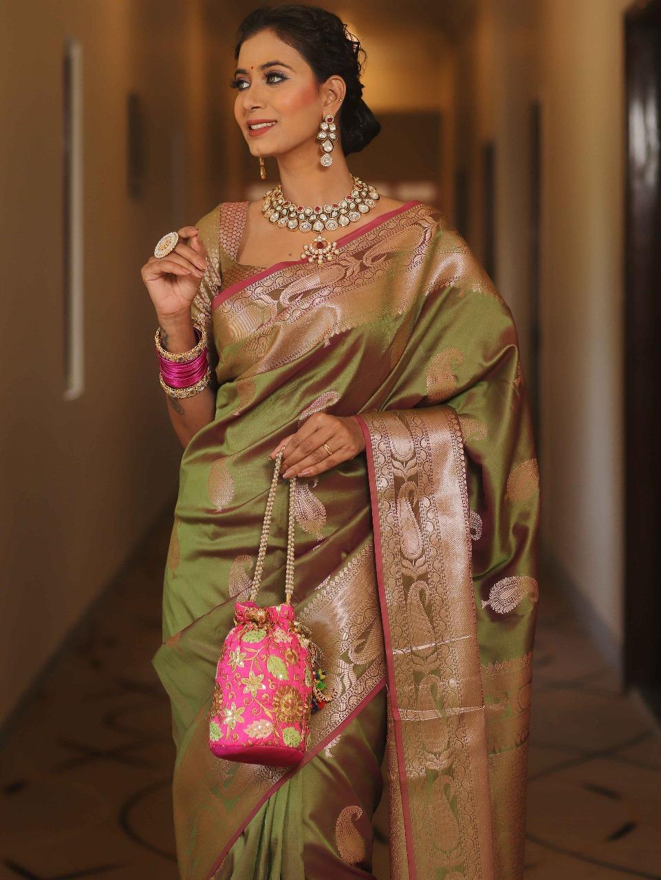 Effervescent Mehndi Soft Banarasi Silk Saree With Quintessential Blouse Piece
