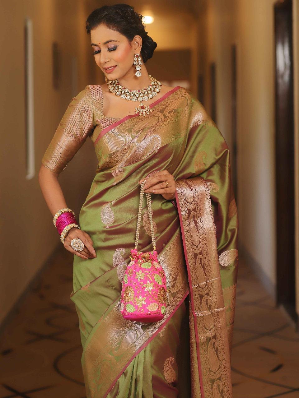 Effervescent Mehndi Soft Banarasi Silk Saree With Quintessential Blouse Piece