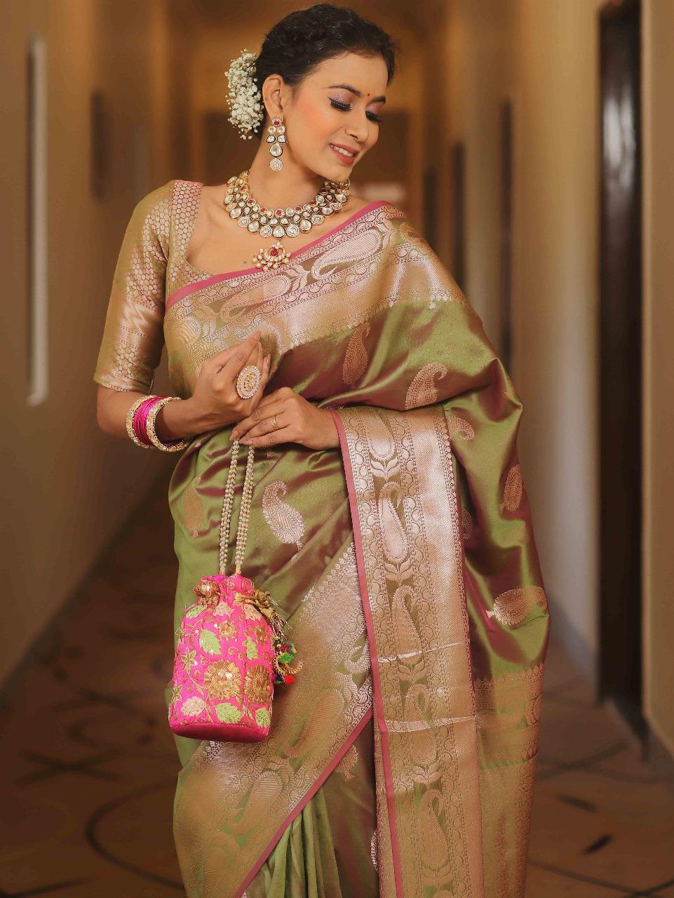 Effervescent Mehndi Soft Banarasi Silk Saree With Quintessential Blouse Piece