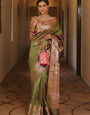 Effervescent Mehndi Soft Banarasi Silk Saree With Quintessential Blouse Piece